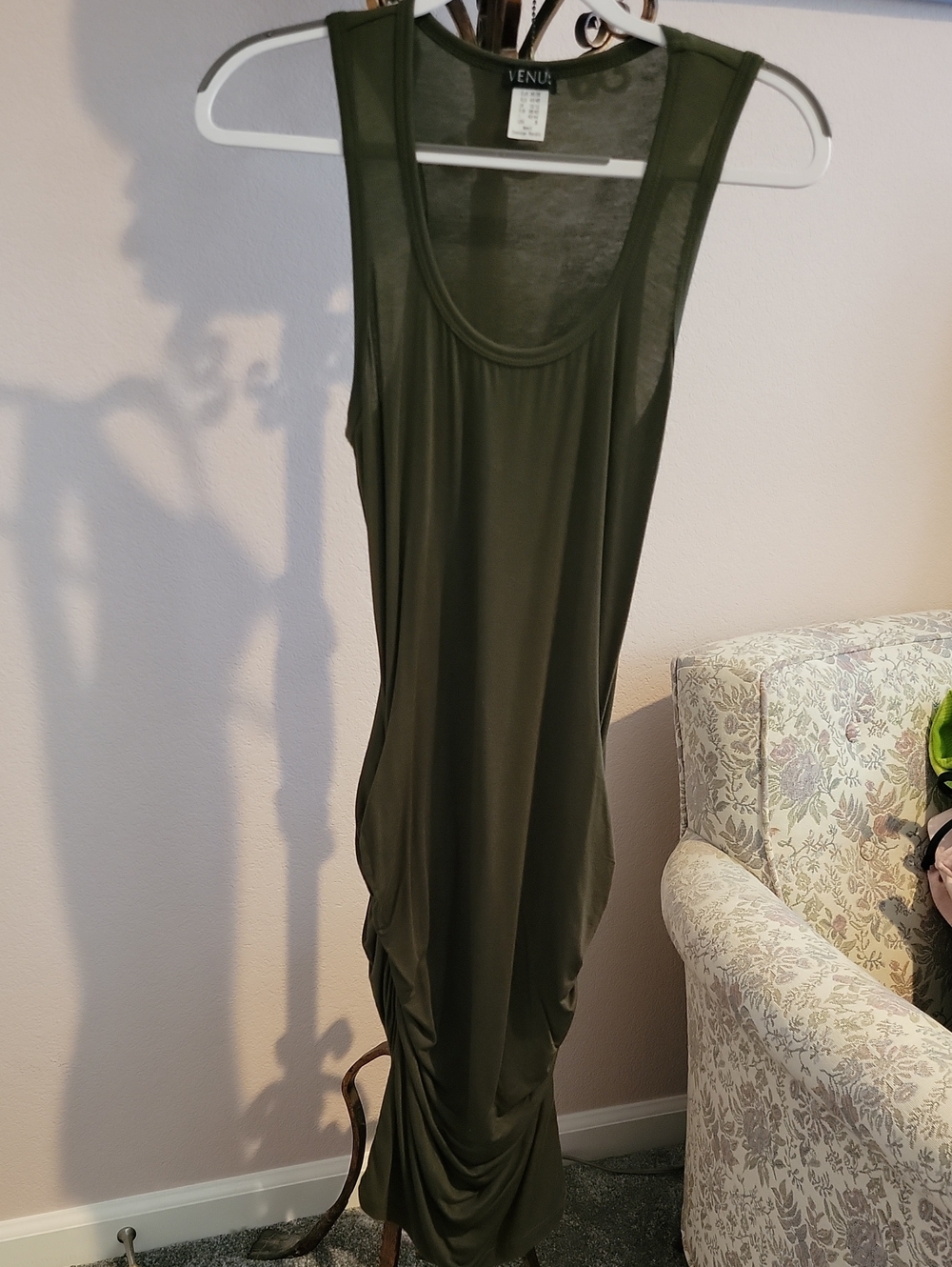 VENUS Olive Green Scoop Neck Racerback Sleeveless Ruched Tank Dress